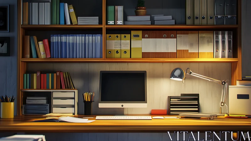 Organized home office desk with computer and shelving.