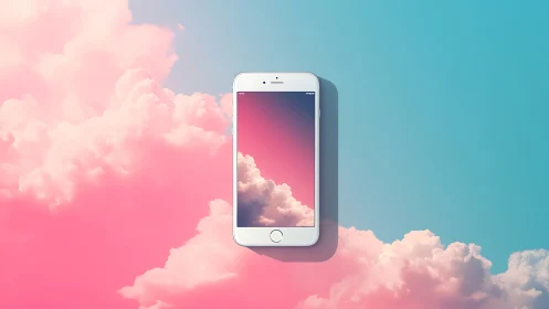 White smartphone with cloud gradient display against pastel sky