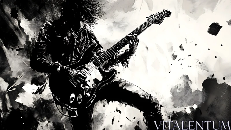 Silhouetted guitarist holds electric guitar amid ink splashes
