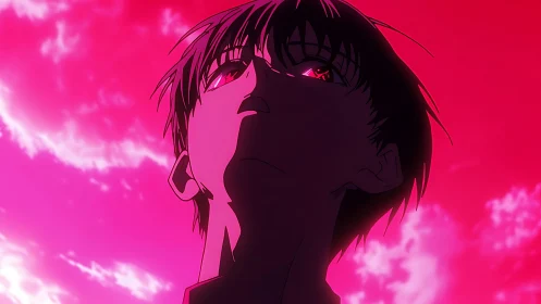 Anime close-up under neon red sky with dramatic low angle.