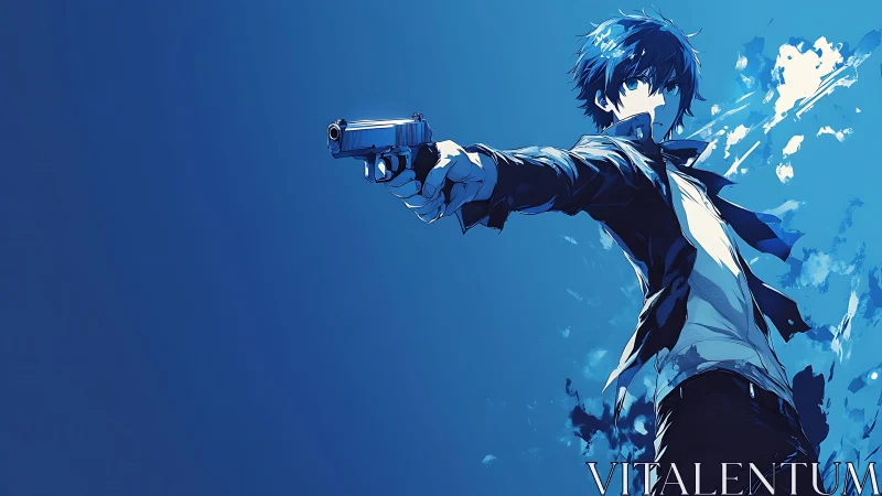 Blue-haired anime gunman extends pistol in dynamic aim