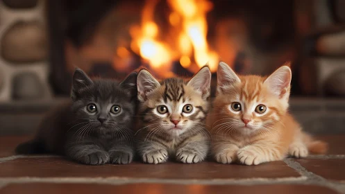Three Kittens by Fireplace