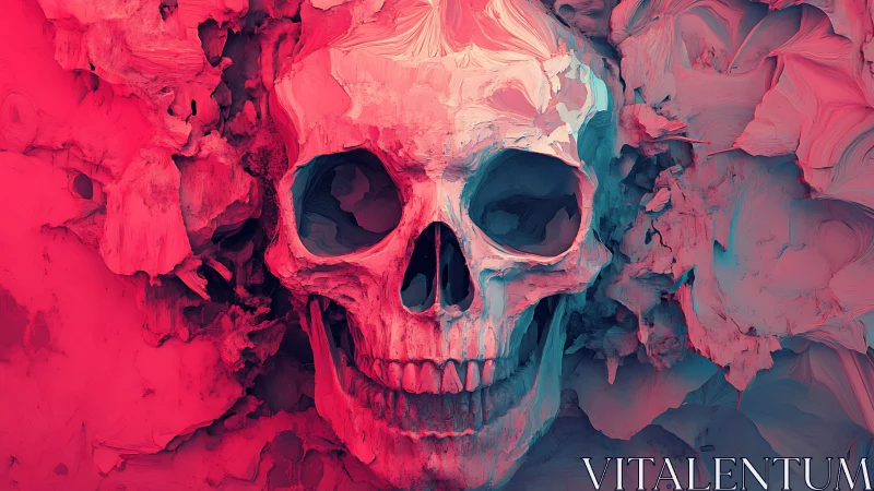 Human skull in abstract textured red and teal environment.