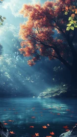 Golden autumn maple glows above a tranquil forest pool