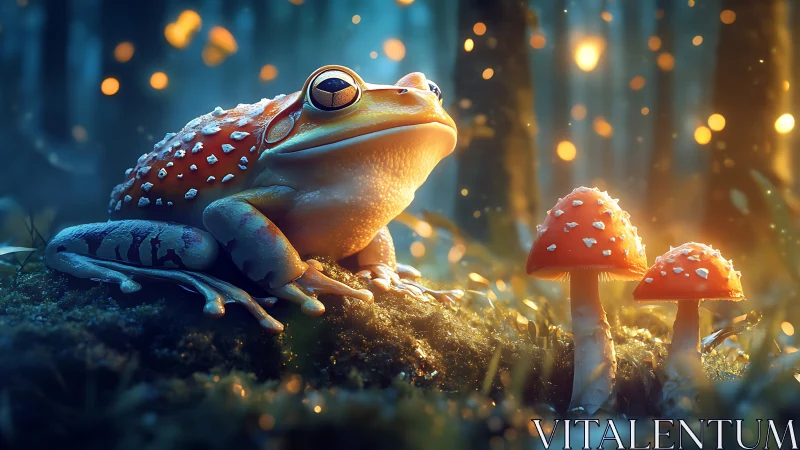 Gentle forest toad enjoys a glowing evening among mushrooms