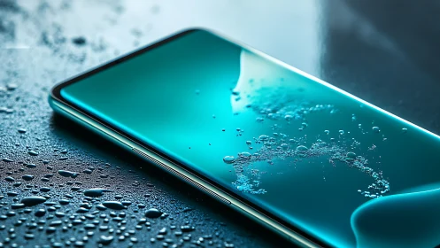 Sleek teal smartphone dances with water droplets in focus.