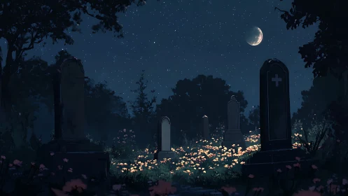 Moonlit graveyard with tall headstones and wildflowers.