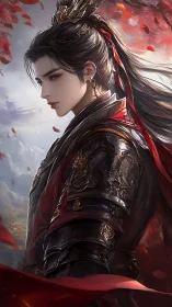 Armored warrior in red ribbons before autumn foliage.