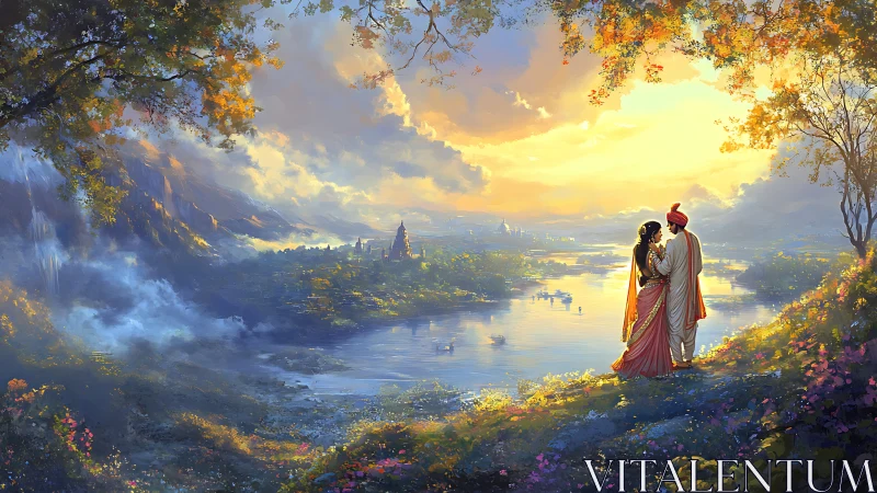Romantic couple overlooks luminous river valley at sunset