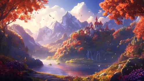 Autumn fantasy castle above misty lake and waterfalls.