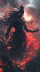 Fiery mythic warrior rendered in high-contrast digital chiaroscuro