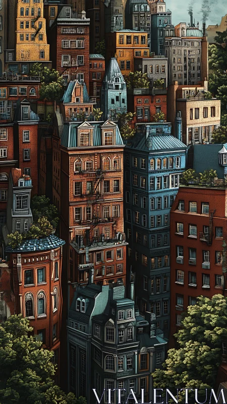 Vertical cityscape of ornate townhouses amid dense greenery.