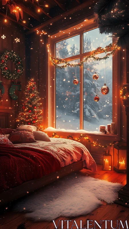 Cozy Christmas bedroom with snowy window view at dusk