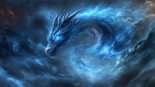 Luminescent storm dragon coiled within turbulent astral clouds