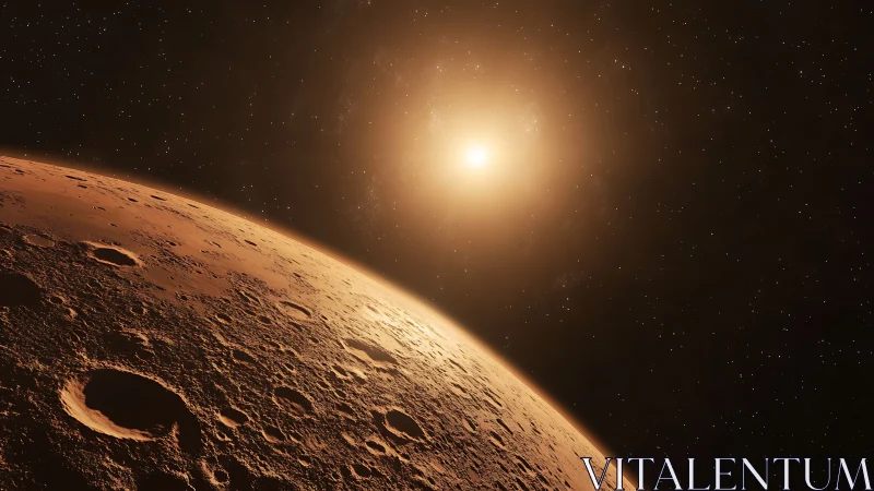 Craters on sunlit red planet under radiant stellar halo.