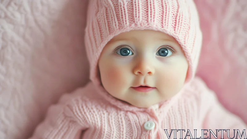 Infant Portrait in Soft Pink Knit Garments and Bonnet.