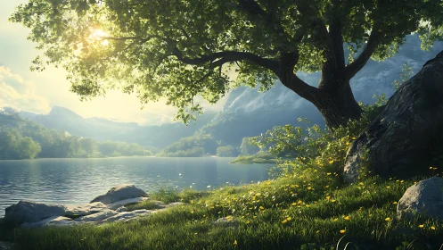 Sunlit lakeside refuge beneath an ancient whispering tree.