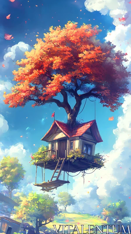 Floating treehouse cottage under radiant autumn canopy.