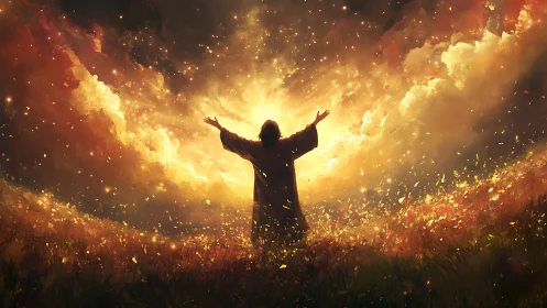 Backlit robed figure in radiant celestial light field.