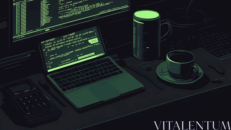 Coder desk shows laptop, monitor, and coffee in dark scene
