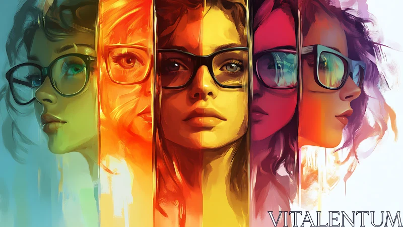 Chromatic portrait panels of woman with glasses in motion.