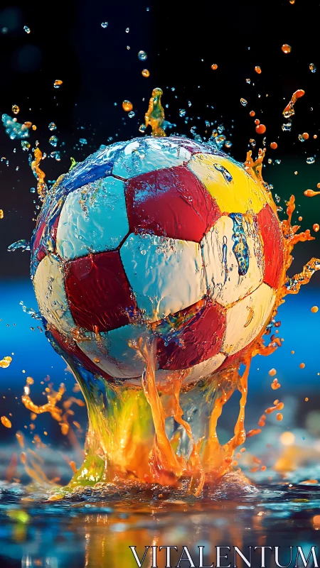 Color-splashed soccer ball captured in dynamic water impact.