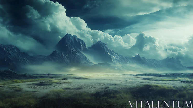 Storm-lit alien mountain range rises above misty empty plains