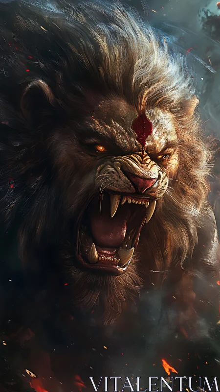 Digital rendering shows roaring lion head in lateral view