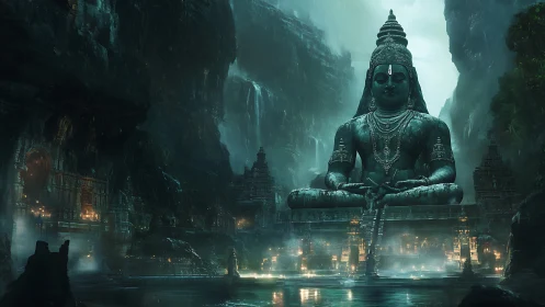 Colossal stone deity dominates mist-laden cavern temple complex