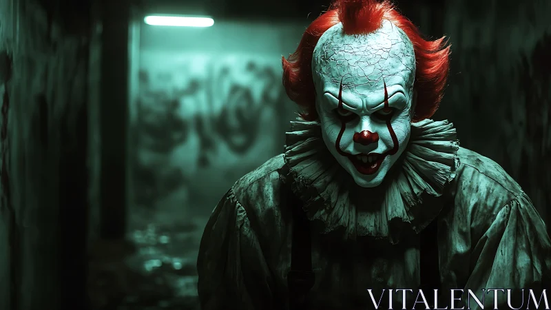 Sinister sewer clown stalks viewer in toxic green light.