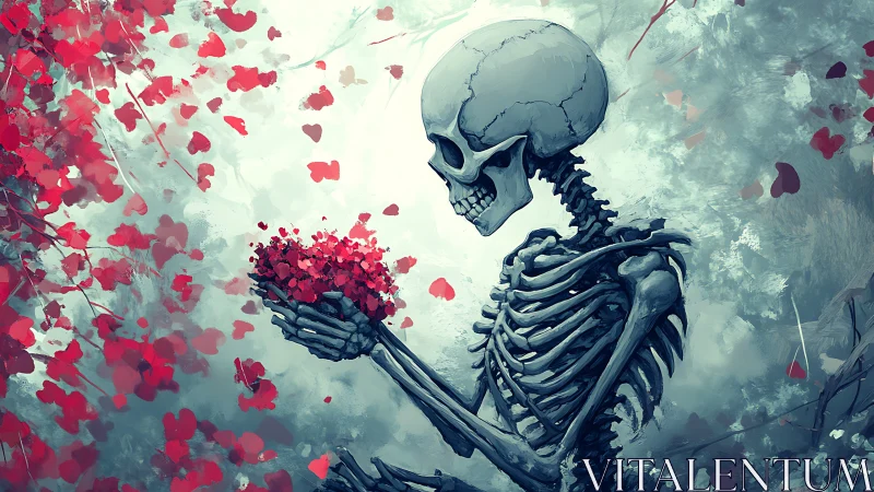 Skeletal romantic cradles crimson petals in ghostlight hush.