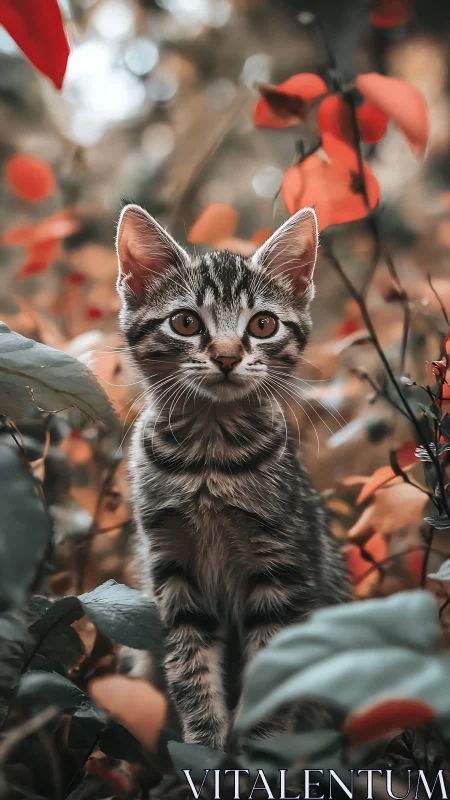 Tabby Kitten Among Red Autumn Leaves.