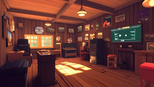 Sunlit stylized wooden studio with posters, printer, and piano