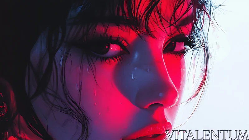 Neon-lit wet portrait isolates intense female gaze