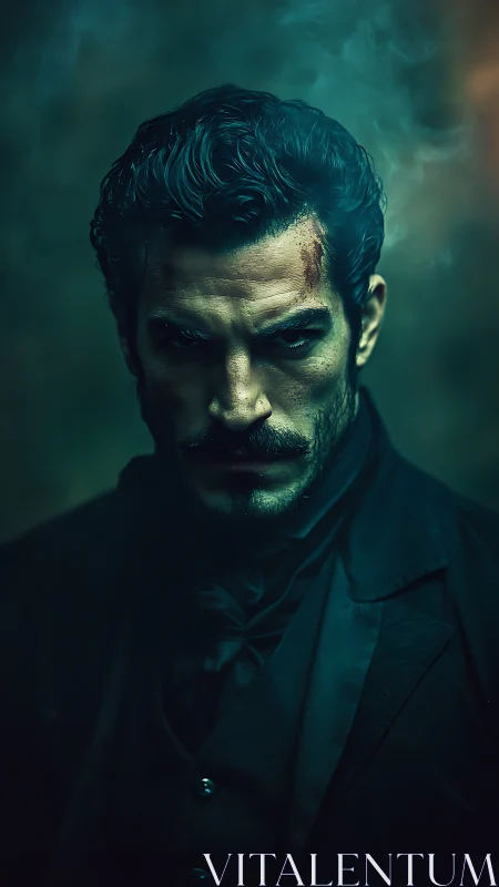 Brooding Victorian man glares through swirling teal smoke