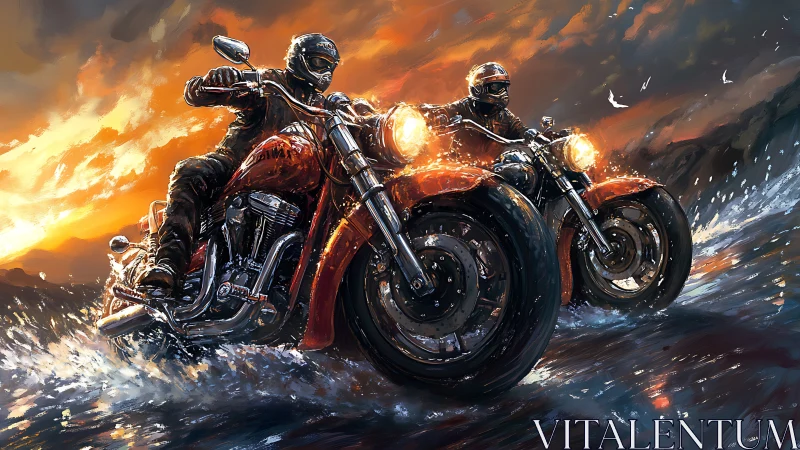 Motorcyclists carve blazing trail through stormy surf sunset.