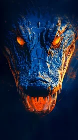 Fiery blue dragon head with glowing orange eyes emerging.