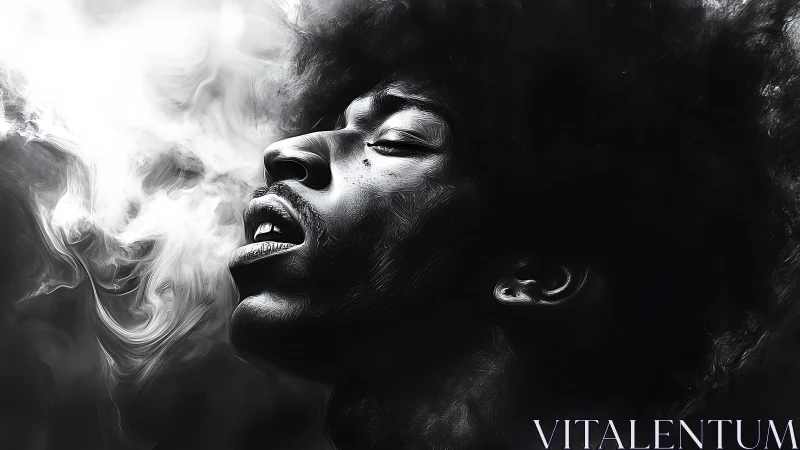 High contrast monochrome portrait with swirling exhaled smoke