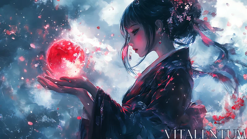 Moonlit sorceress cradle red orb in drifting cherry bloom.