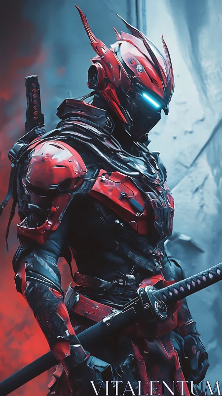 Red cybernetic samurai warrior with glowing visor stands ready.