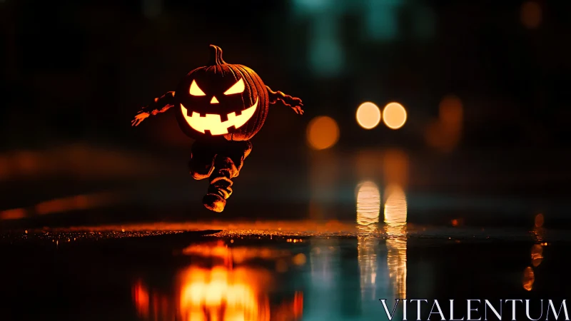 Glowing pumpkin character sprints through a neon wet street.