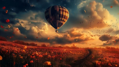 Hot air balloon ascends over cinematic sunset wildflower field