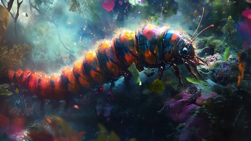 Bioluminescent alien caterpillar glows through neon forest