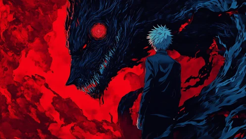 White haired figure facing large dark creature in red void.