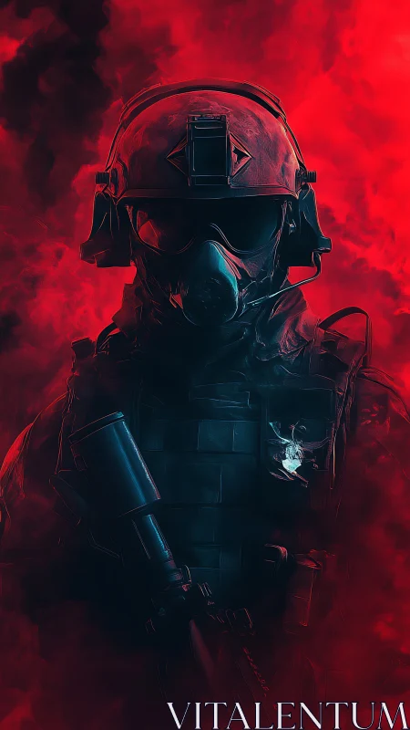 Tactical soldier silhouette in red smoke digital art.