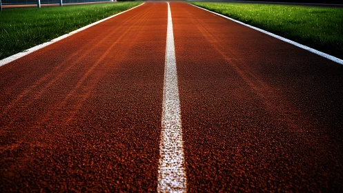Red running track lane with white center line at dusk.
