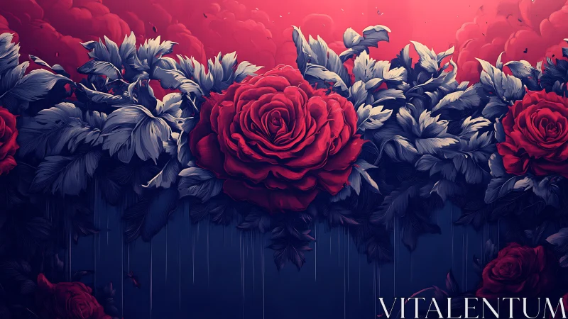 Red roses with blue foliage against gradient background.