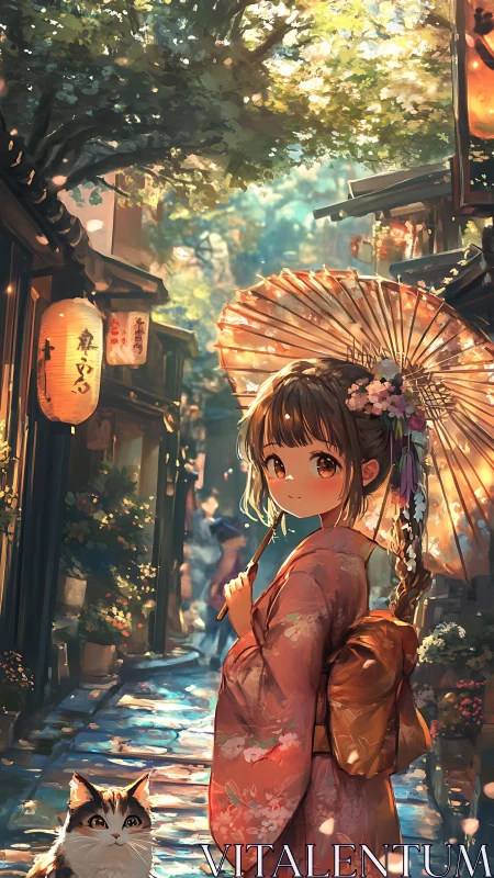 Sunlit kimono stroll with a curious cat and paper parasol.