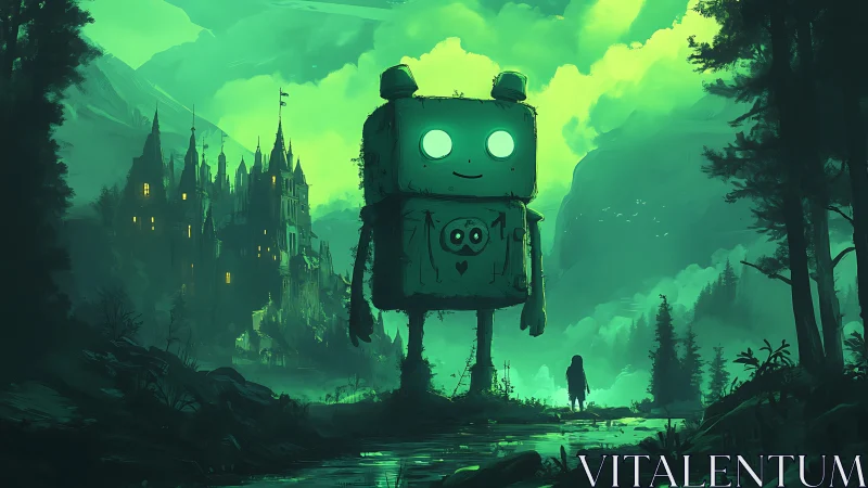 Giant forest robot guards neon castle under misty sky.