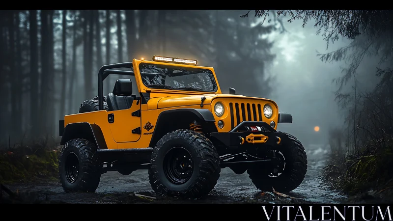 Yellow off-road Jeep dominates misty forest trail at dusk.